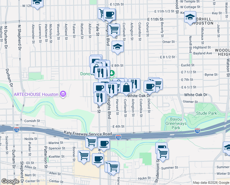 map of restaurants, bars, coffee shops, grocery stores, and more near 602 Heights Boulevard in Houston