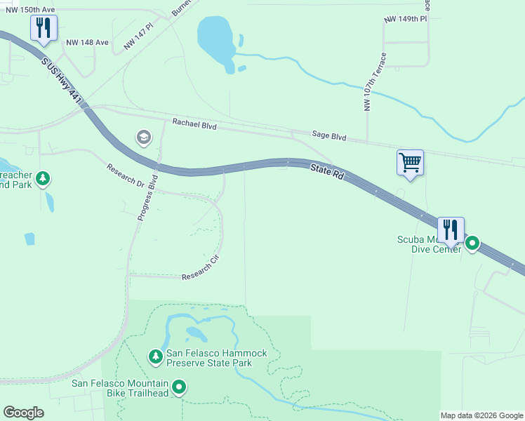 map of restaurants, bars, coffee shops, grocery stores, and more near 14036 Northwest US Highway 441 in Alachua