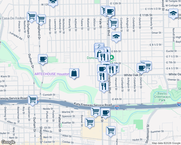 map of restaurants, bars, coffee shops, grocery stores, and more near 627 Rutland Street in Houston
