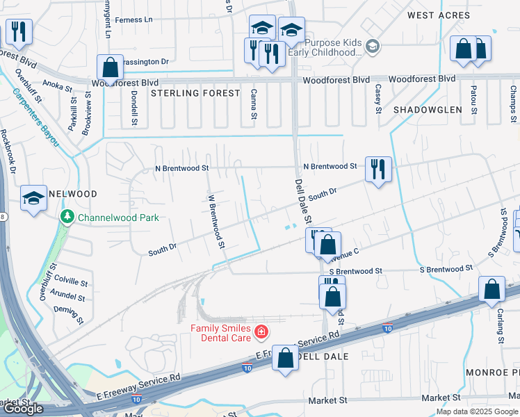 map of restaurants, bars, coffee shops, grocery stores, and more near 15301 South Drive in Channelview