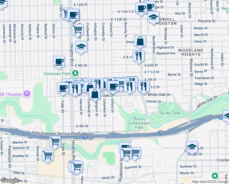 map of restaurants, bars, coffee shops, grocery stores, and more near 617 East 6 1/2 Street in Houston