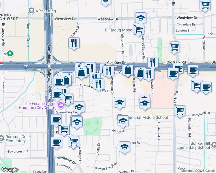map of restaurants, bars, coffee shops, grocery stores, and more near 10402 Town & Country Way in Houston