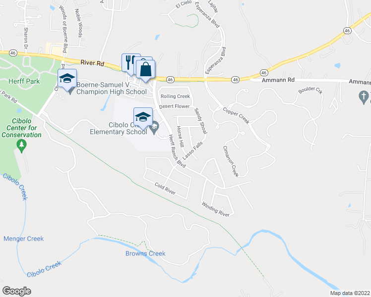 map of restaurants, bars, coffee shops, grocery stores, and more near 249 Horse Hill in Boerne