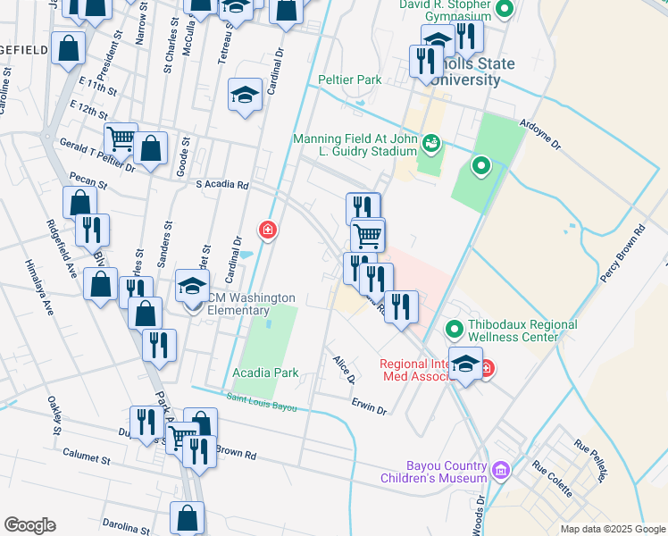 map of restaurants, bars, coffee shops, grocery stores, and more near 1116-1198 Audubon Avenue in Thibodaux