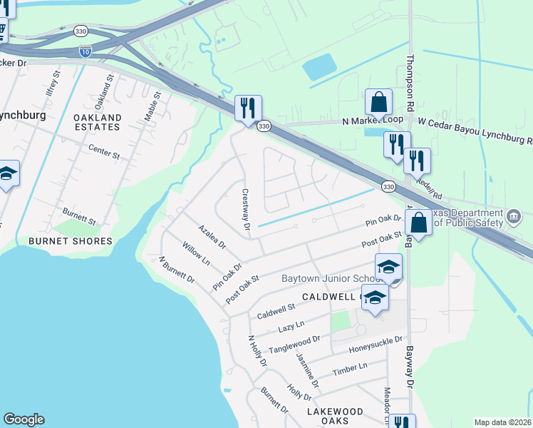 map of restaurants, bars, coffee shops, grocery stores, and more near 219 Almond Drive in Baytown