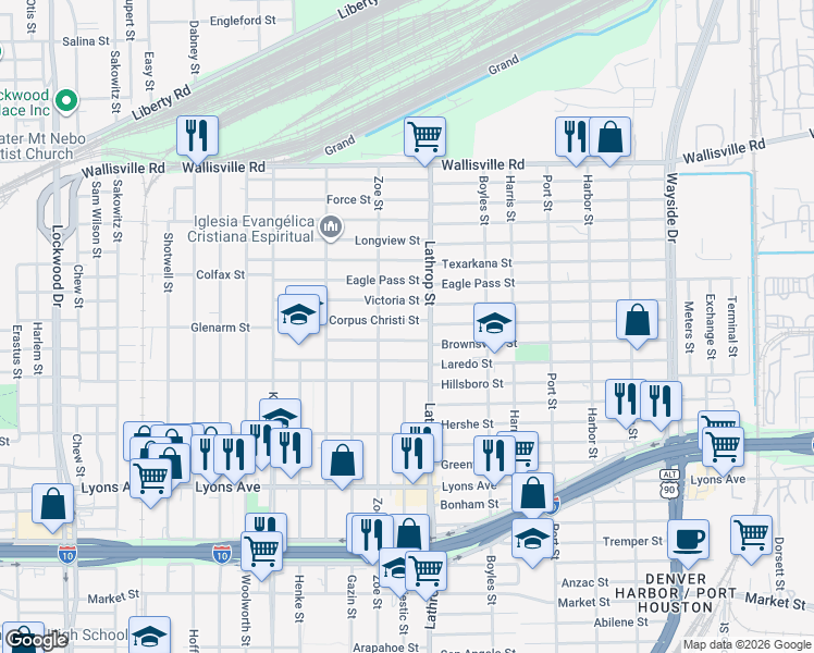 map of restaurants, bars, coffee shops, grocery stores, and more near 6718 Victoria Street in Houston
