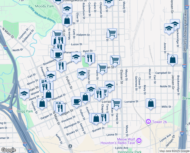 map of restaurants, bars, coffee shops, grocery stores, and more near 2305 Gano Street in Houston