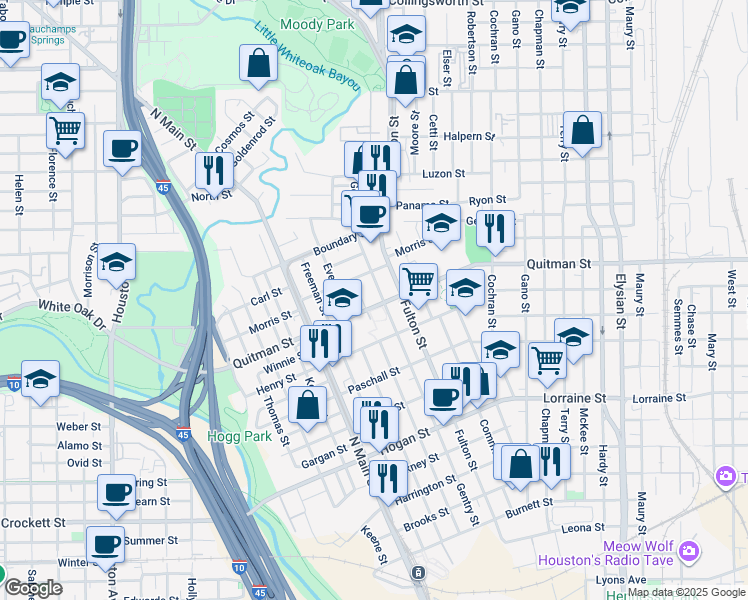 map of restaurants, bars, coffee shops, grocery stores, and more near 2318 Gentry Street in Houston