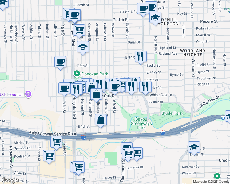 map of restaurants, bars, coffee shops, grocery stores, and more near 617 East 6 1/2 Street in Houston