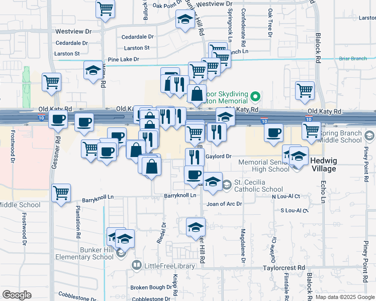 map of restaurants, bars, coffee shops, grocery stores, and more near 9787 Katy Freeway in Houston