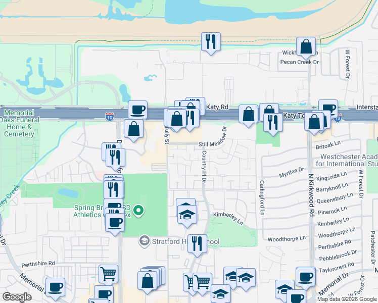 map of restaurants, bars, coffee shops, grocery stores, and more near 14481 Still Meadow Drive in Houston