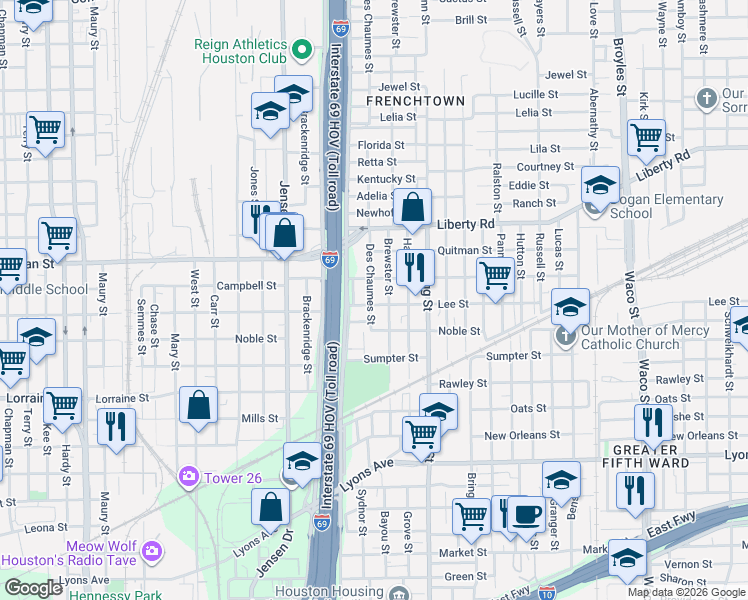map of restaurants, bars, coffee shops, grocery stores, and more near 3028 Campbell Street in Houston