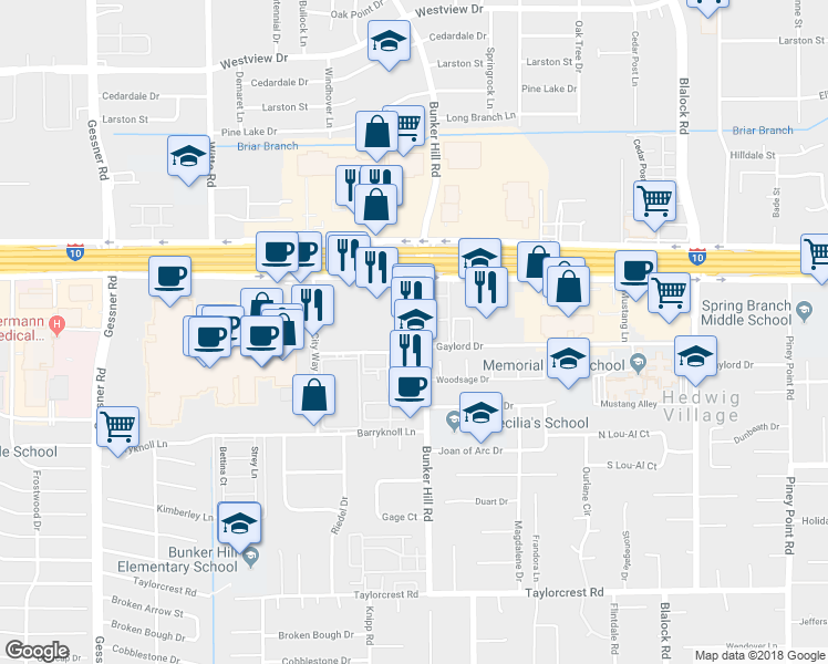 map of restaurants, bars, coffee shops, grocery stores, and more near 963 Bunker Hill Road in Houston