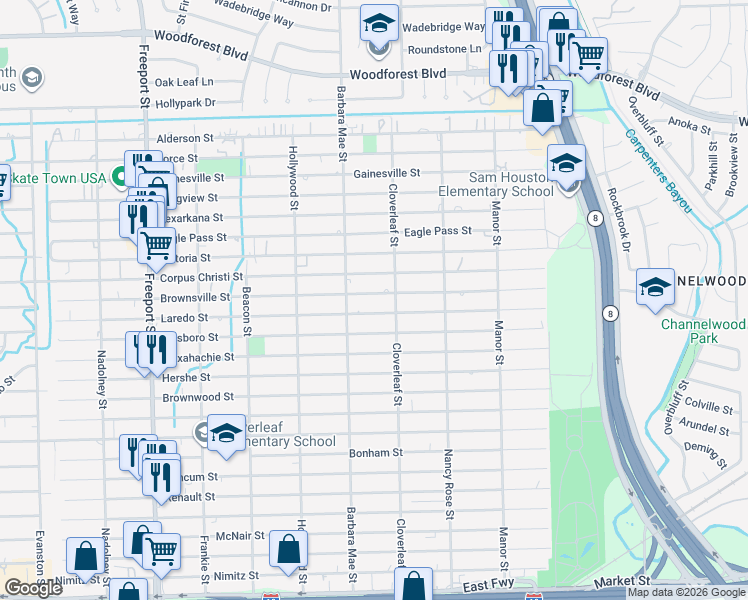 map of restaurants, bars, coffee shops, grocery stores, and more near 14319 Brownsville Street in Houston