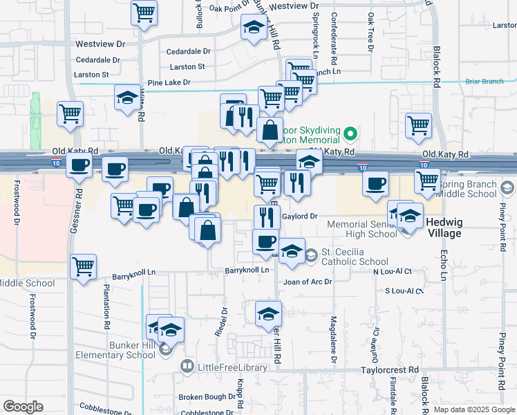 map of restaurants, bars, coffee shops, grocery stores, and more near 945 Bunker Hill Road in Houston