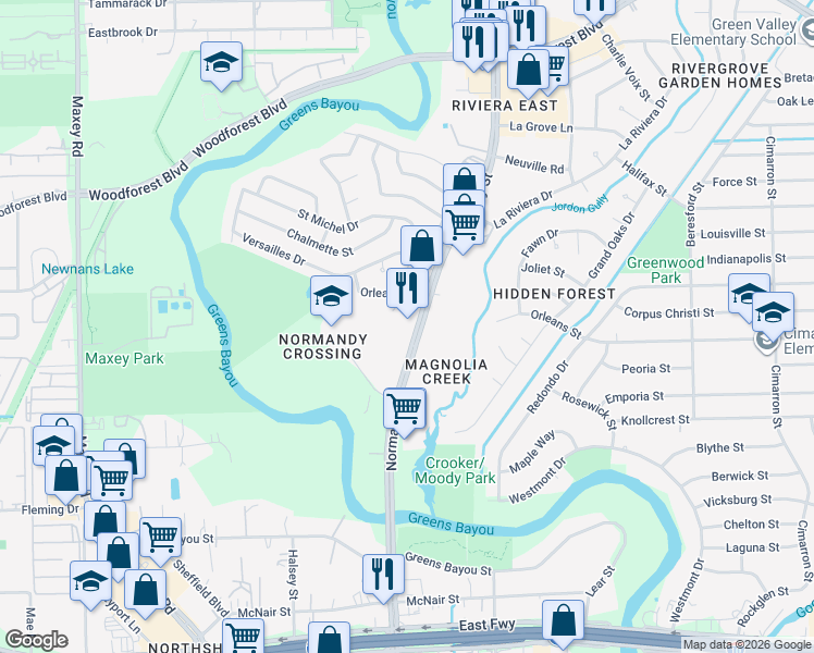 map of restaurants, bars, coffee shops, grocery stores, and more near 760 Normandy Street in Houston