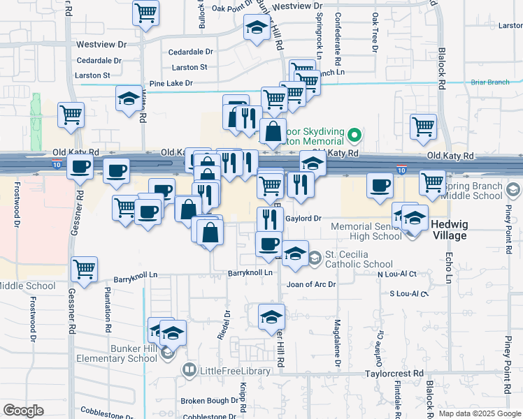 map of restaurants, bars, coffee shops, grocery stores, and more near 945 Bunker Hill Road in Houston