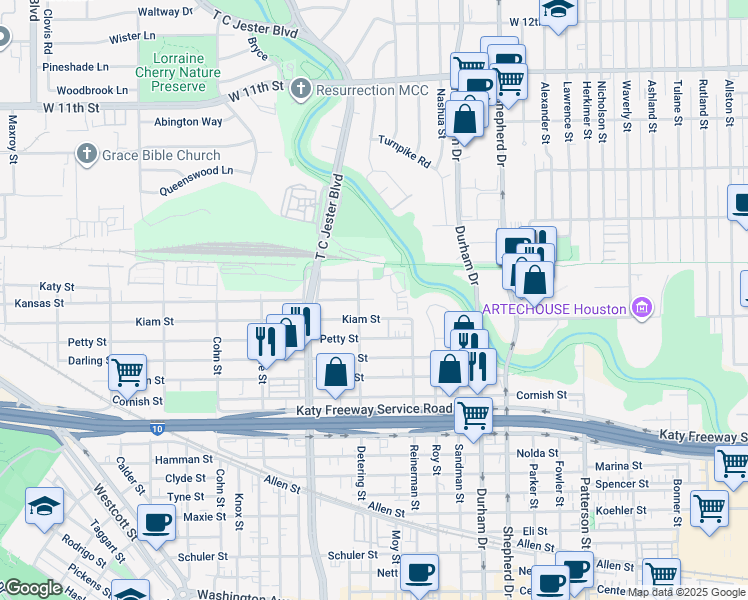 map of restaurants, bars, coffee shops, grocery stores, and more near 3563 Kansas Street in Houston