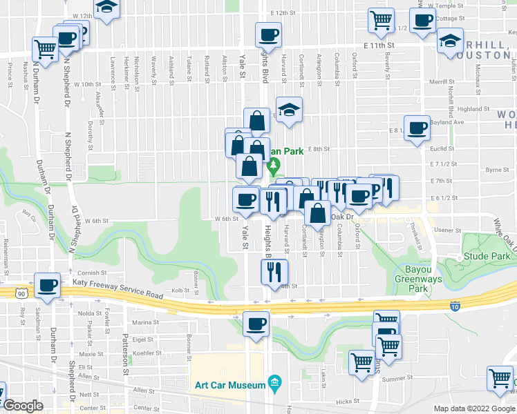 map of restaurants, bars, coffee shops, grocery stores, and more near 620 Yale Street in Houston