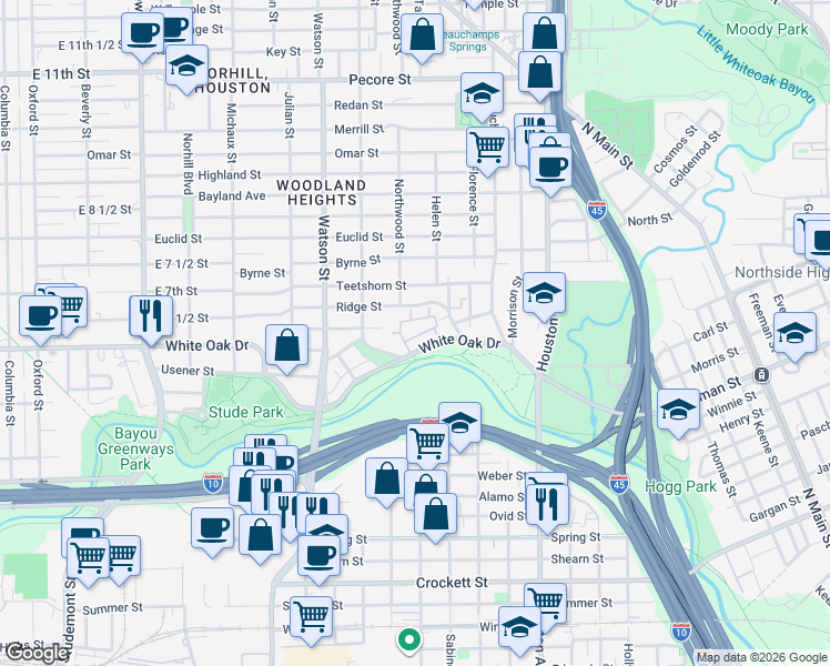 map of restaurants, bars, coffee shops, grocery stores, and more near 1860 White Oak Drive in Houston