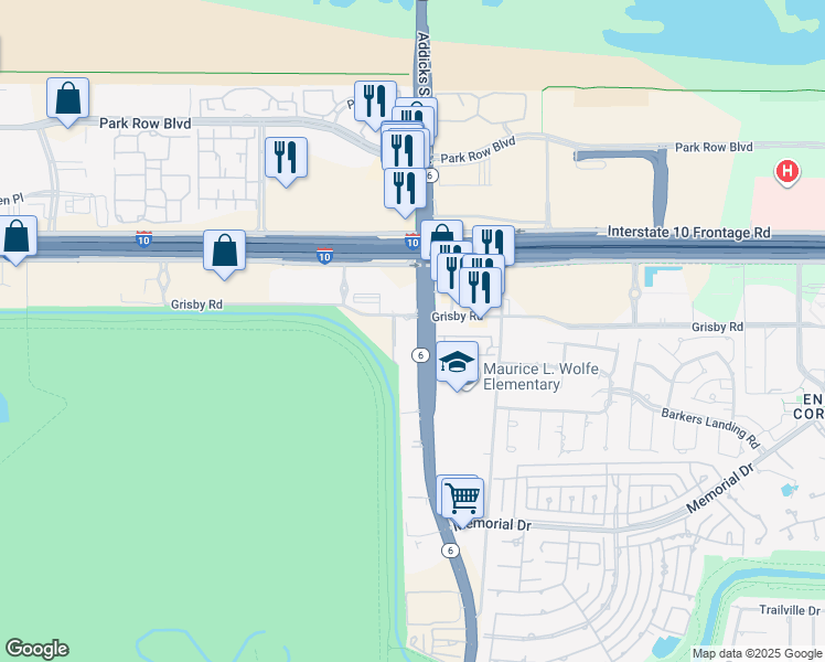 map of restaurants, bars, coffee shops, grocery stores, and more near 14805 Grisby Road in Houston