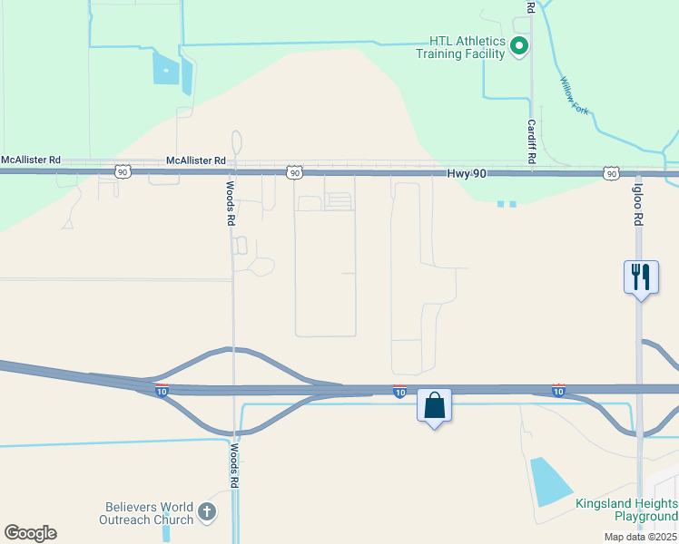 map of restaurants, bars, coffee shops, grocery stores, and more near 31555 US 90 in Brookshire