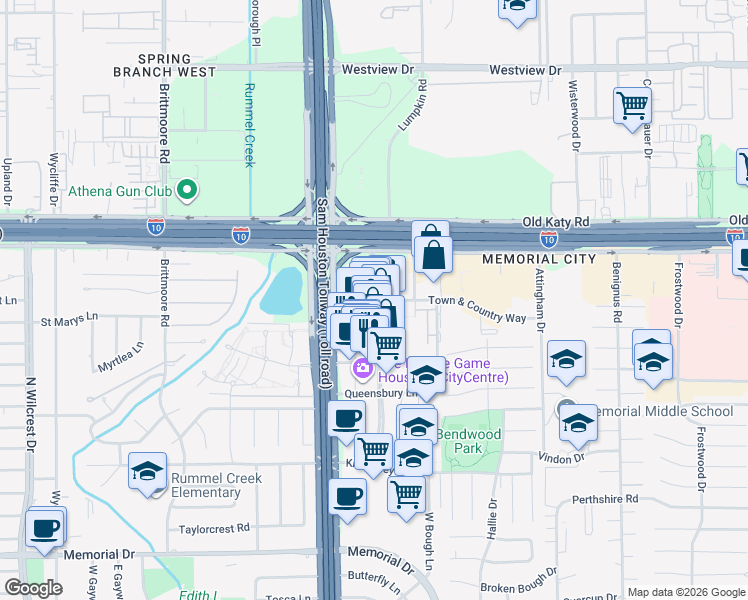 map of restaurants, bars, coffee shops, grocery stores, and more near 985 Town and Country Boulevard in Houston