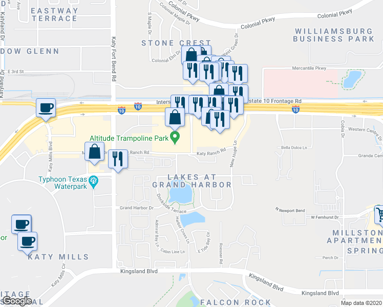 map of restaurants, bars, coffee shops, grocery stores, and more near 24928 Katy Ranch Road in Katy