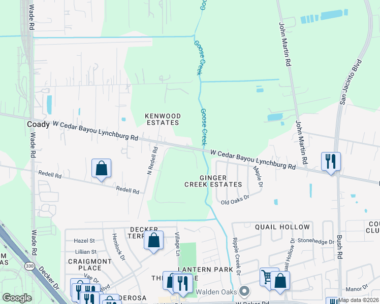 map of restaurants, bars, coffee shops, grocery stores, and more near 3401-3699 West Cedar Bayou Lynchburg Road in Baytown