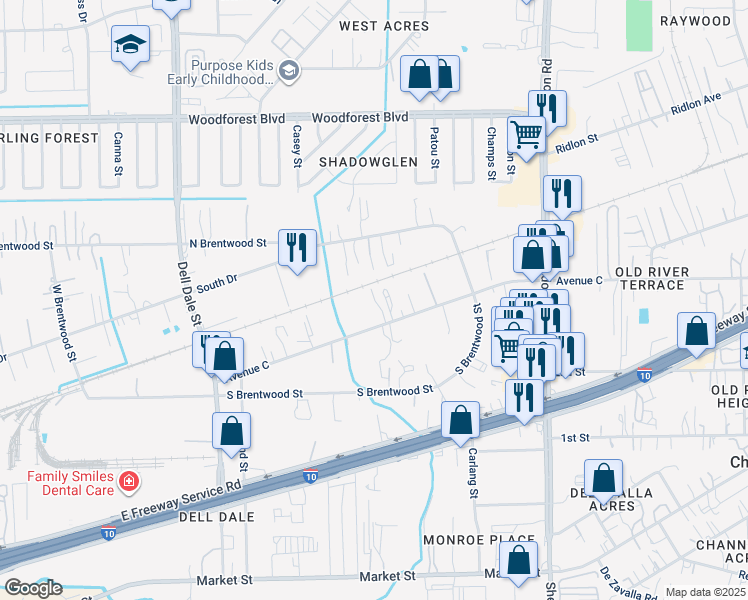 map of restaurants, bars, coffee shops, grocery stores, and more near 15607 Avenue C in Channelview