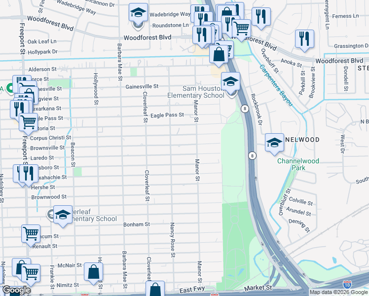 map of restaurants, bars, coffee shops, grocery stores, and more near 14523 Brownsville Street in Houston