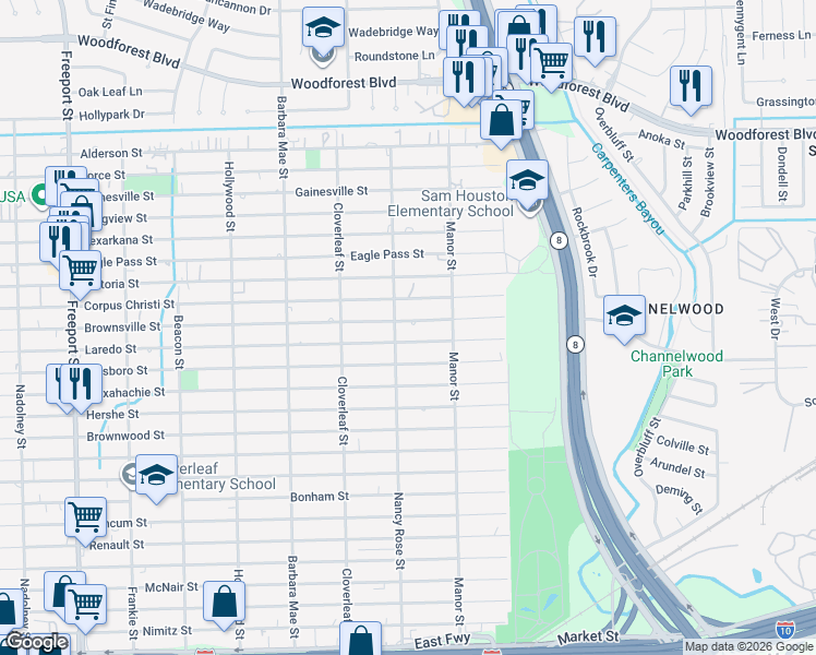 map of restaurants, bars, coffee shops, grocery stores, and more near 14523 Brownsville Street in Houston