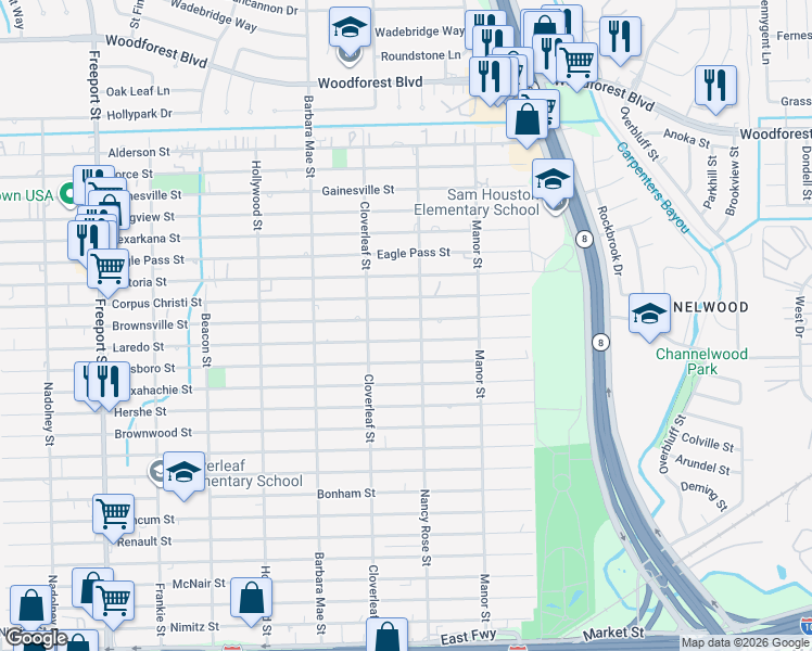 map of restaurants, bars, coffee shops, grocery stores, and more near 14437 Brownsville Street in Houston