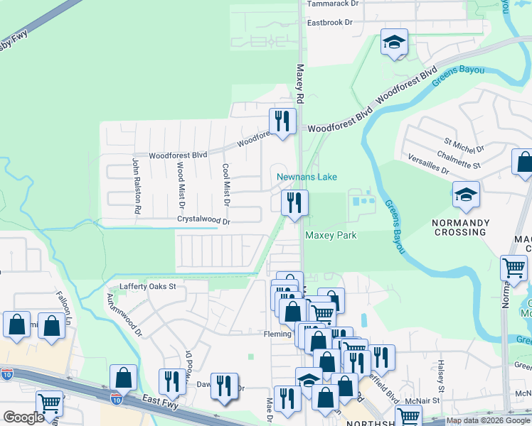 map of restaurants, bars, coffee shops, grocery stores, and more near 12211 Woodcliff Drive in Houston