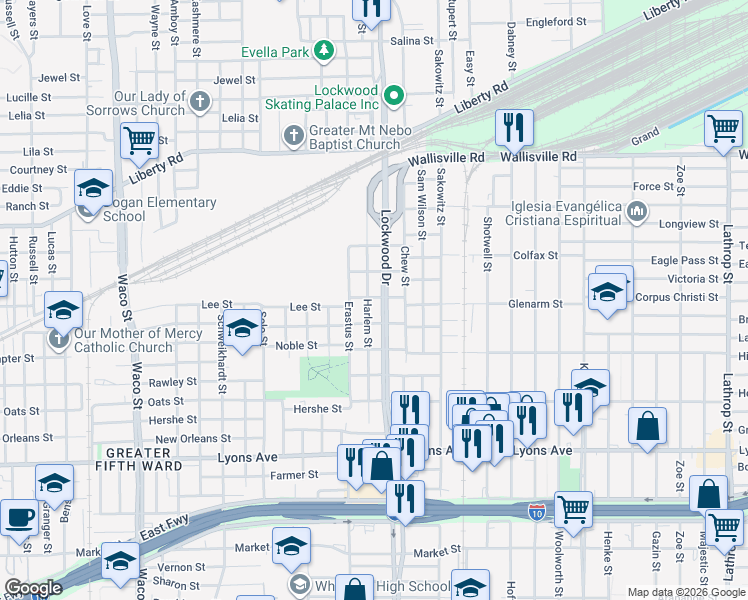 map of restaurants, bars, coffee shops, grocery stores, and more near 2301 Lockwood Drive in Houston