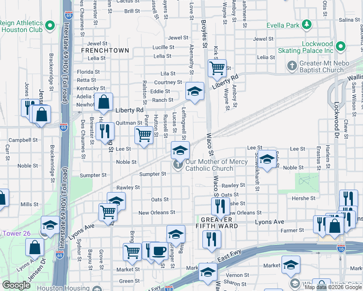 map of restaurants, bars, coffee shops, grocery stores, and more near 2215 Leffingwell Street in Houston