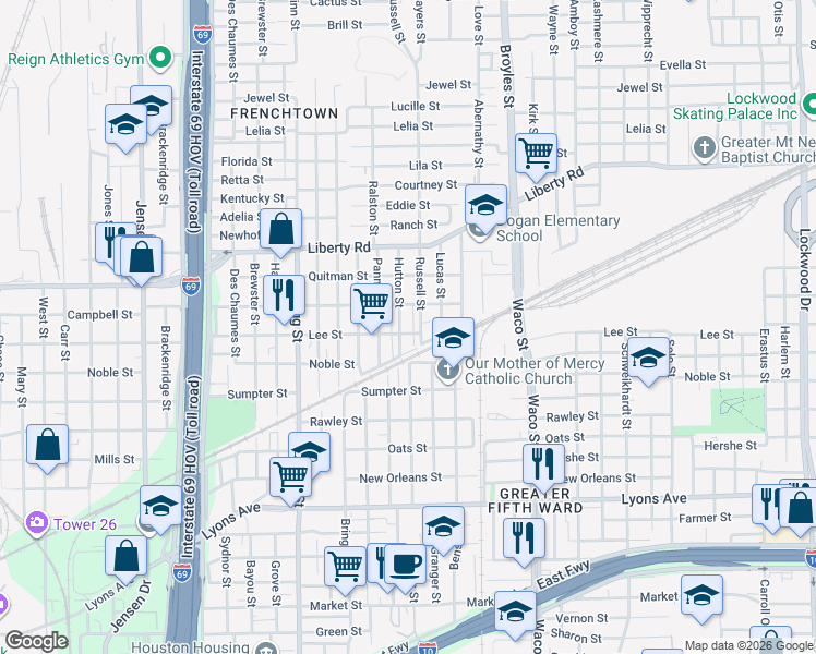 map of restaurants, bars, coffee shops, grocery stores, and more near 2217 Russell Street in Houston