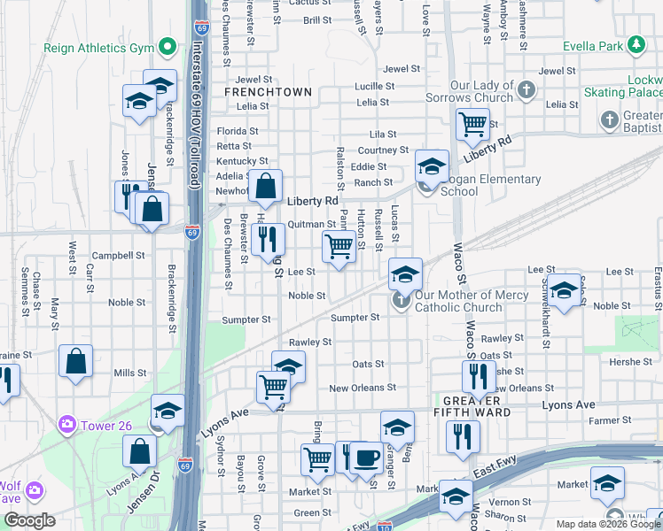 map of restaurants, bars, coffee shops, grocery stores, and more near 2218 Bringhurst Street in Houston