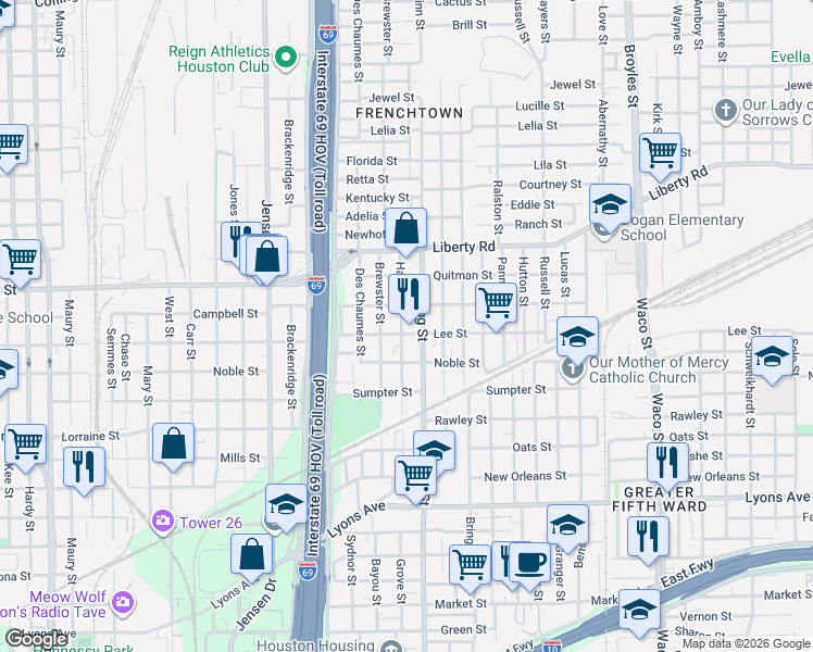 map of restaurants, bars, coffee shops, grocery stores, and more near 3210 Campbell Street in Houston