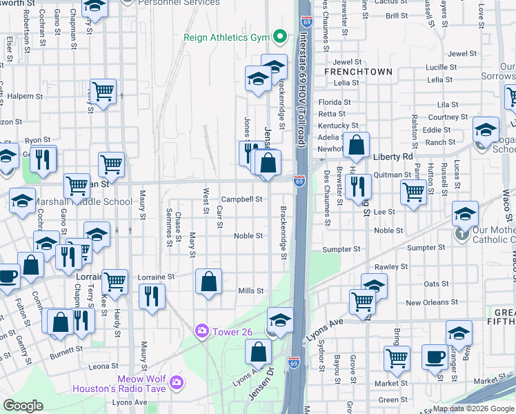 map of restaurants, bars, coffee shops, grocery stores, and more near 2616 Campbell Street in Houston