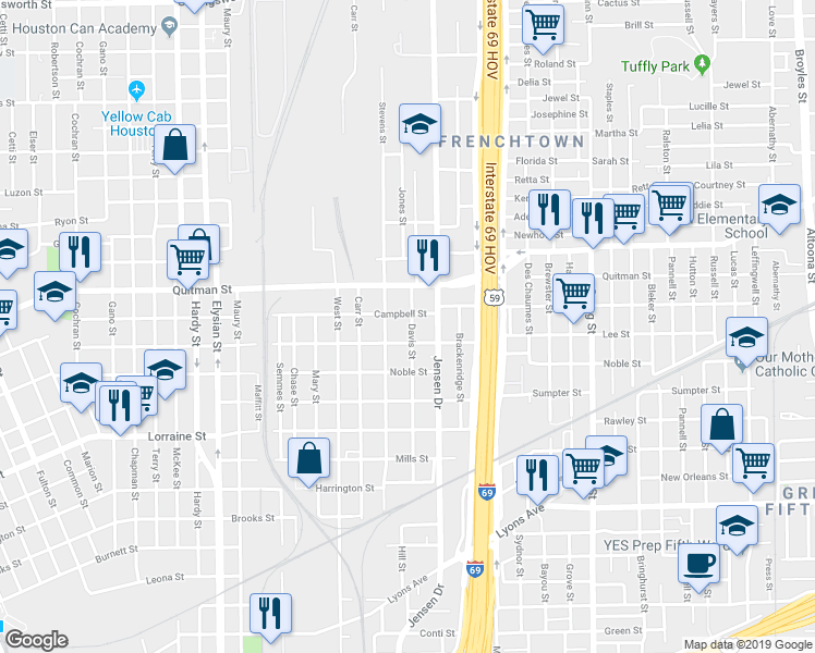 map of restaurants, bars, coffee shops, grocery stores, and more near 2616 Campbell Street in Houston