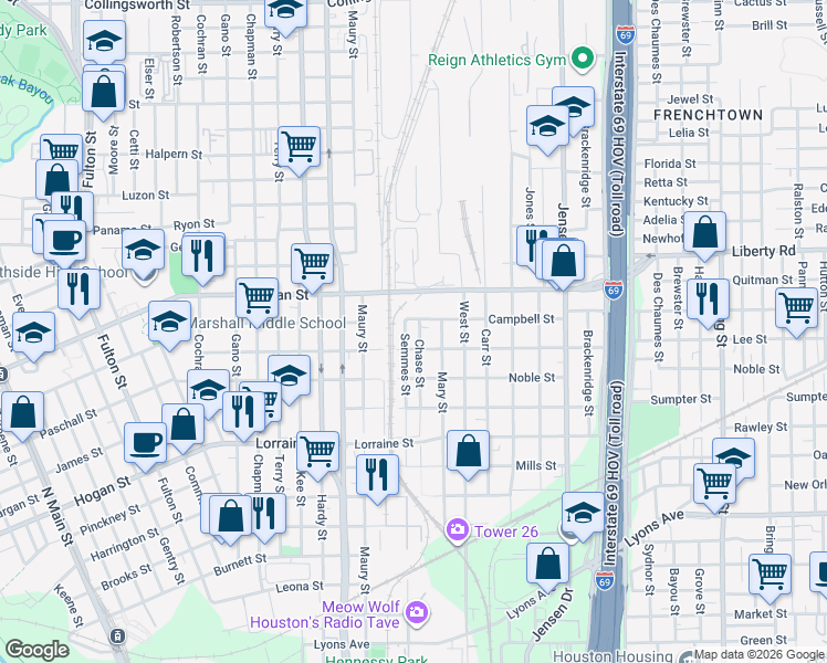 map of restaurants, bars, coffee shops, grocery stores, and more near 2200 Campbell Street in Houston