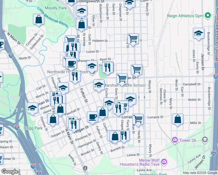map of restaurants, bars, coffee shops, grocery stores, and more near 2315 Cochran Street in Houston