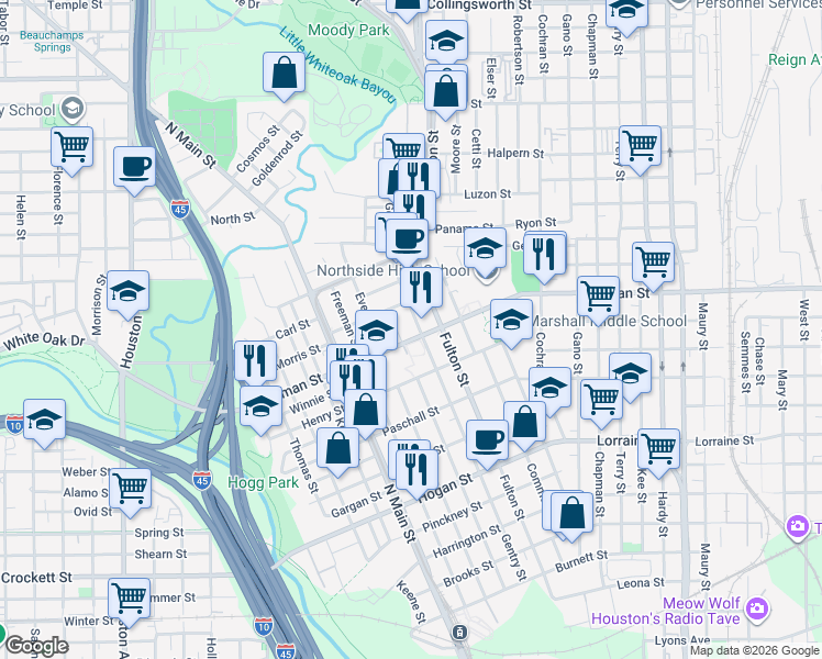 map of restaurants, bars, coffee shops, grocery stores, and more near 2318 Gentry Street in Houston