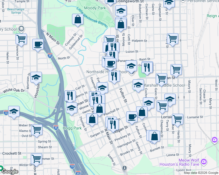 map of restaurants, bars, coffee shops, grocery stores, and more near 2318 Gentry Street in Houston