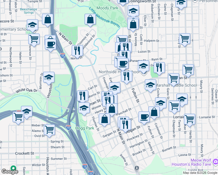 map of restaurants, bars, coffee shops, grocery stores, and more near 2407 Freeman Street in Houston