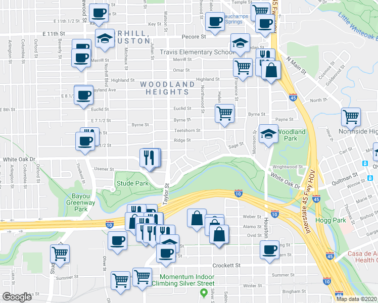 map of restaurants, bars, coffee shops, grocery stores, and more near 619 Wendel Street in Houston