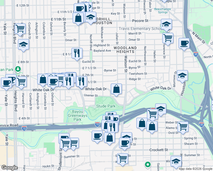 map of restaurants, bars, coffee shops, grocery stores, and more near 938 Ridge Street in Houston