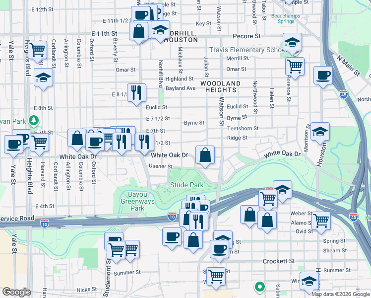 map of restaurants, bars, coffee shops, grocery stores, and more near 938 Ridge Street in Houston