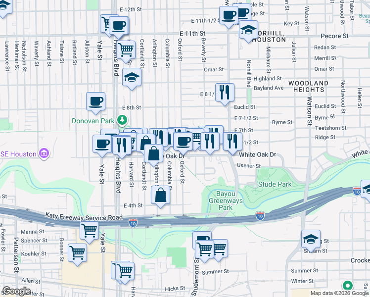map of restaurants, bars, coffee shops, grocery stores, and more near 617 East 6 1/2 Street in Houston
